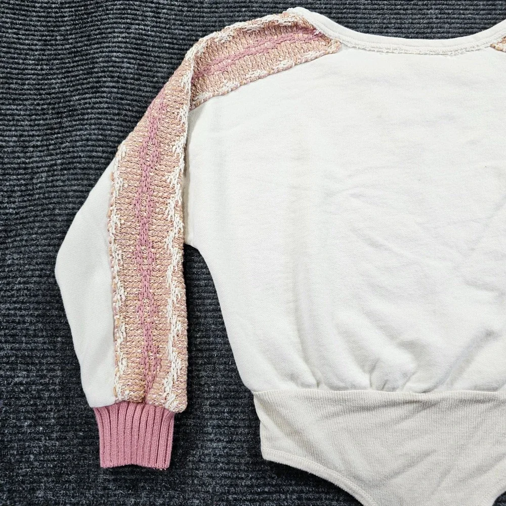 Free People Bodysuit Womens Small Off White Knitted Balloon Sleeve Round Neck